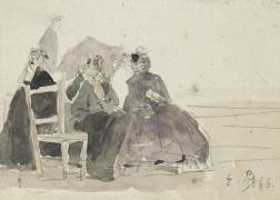 Three Women seated on Chairs on a Beach (Eugène Boudin) - Muzeo.com