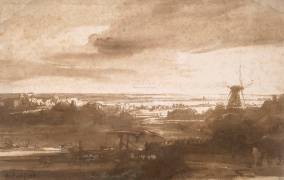 Vue panoramique d'une plaine avec un moulin à vent (Rembrandt) - Muzeo.com