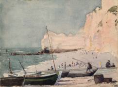 Fishing boats and figures on the beach at Étretat (George Hugo) - Muzeo.com