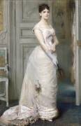 Jeune femme debout vêtue d'une robe de soirée rose et enfilant un gant (Emile Levy) - Muzeo.com