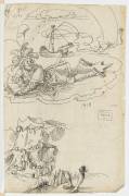 Un soldat cramponné à une planche sur les flots; un château (Erhard Schon) - Muzeo.com