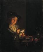 A candlelit interior with a young man seated at a table, lighting his pipe (Arnold Boonen) - Muzeo.com