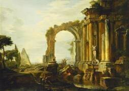 A Capriccio of Classical Ruins with the Pyramid of Cestius and Figures in a Landscape (Giovanni Paolo Pannini) - Muzeo.com