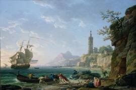 A Coastal Mediterranean Landscape with a Dutch Merchantman in a Bay (Joseph Vernet) - Muzeo.com