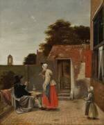 A Man Smoking and a Woman Drinking in a Courtyard (Pieter de Hooch) - Muzeo.com