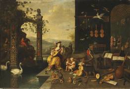 A Personification of Music: A young Woman playing a Lute on a Terrace before an open Gallery (Jan van Kessel) - Muzeo.com