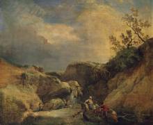 A Rocky Wooded Landscape with Travellers Conversing by a Waterfall (Hubert Robert) - Muzeo.com