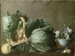 A Still life with a marrow, a courgette and grapes in a wicker basket, beside a cabbage, lemon and flowers in a bowl (Bernardo Strozzi) - Muzeo.com