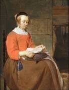 A young woman seated in an interior, reading a letter (Gabriel Metsu) - Muzeo.com