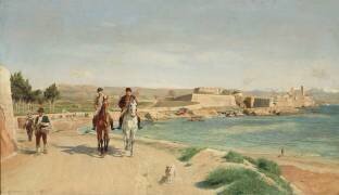 Antibes, la promenade à cheval, l'artiste et son fils Charles (1848-1917), peintre (Jean-Louis-Ernest Meissonier) - Muzeo.com