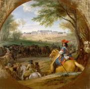 Arrivée de Louis XIV précédé des gardes du corps en vue de l'ancien château de Versailles en 1669 (Adam Frans van der Meulen) - Muzeo.com