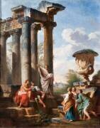 Capriccio with the preaching of a saint, the Medici vase, a ruined temple and the Pyramid of Cestius (Giovanni Paolo Pannini) - Muzeo.com
