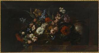 Corbeille d'osier remplie de fleurs et gros vase de porcelaine de chine (Jean-Baptiste Monnoyer) - Muzeo.com