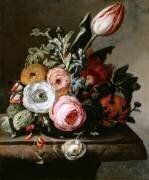 Fleurs : roses et tulipes sur tablette de marbre (Rachel Ruysch) - Muzeo.com