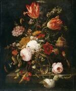 Fleurs dans une carafe de cristal avec une branche de pois et un escargot (Abraham Mignon) - Muzeo.com