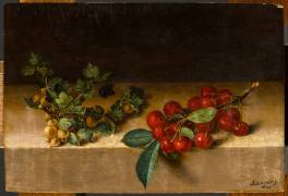 Fruits sur une table : groseilles à maquereau et cerises (François Garnier) - Muzeo.com