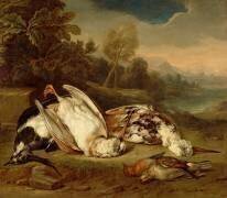 Gibier mort dans un paysage : deux bécasses blanches et trois autres oiseaux (Geerard Rysbrack) - Muzeo.com