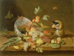 Grapes and Peaches Spilling from an Overturned Delft Bowl (Jan van Kessel) - Muzeo.com