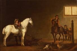 Horsemen with a grey and a bay in a riding school (Abraham van Calraet) - Muzeo.com