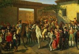 Horses in a Courtyard by the Bullring before the Bullfight (Manuel Castellano) - Muzeo.com