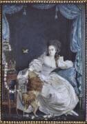 Jeune femme assise dans un intérieur avec un chien et un canari (Pierre Chasselat) - Muzeo.com