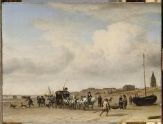 Noble équipage cheminant sur la plage de Scheveningen (Adriaen van de Velde) - Muzeo.com