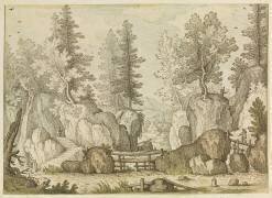 Paysage : rochers et arbres, rivière avec passerelles et deux figures (Hans Friedrich Schorer the...) - Muzeo.com