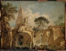 Paysage avec architectures de fantaisie dit aussi Fontaine décorative avec une statue d'Hercule (Jacques de Lajoue) - Muzeo.com