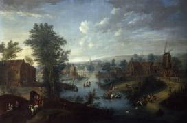 River landscape with village buildings on the horizon (Joseph van Bredael) - Muzeo.com