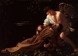 St Francis being comforted by an angel after receiving Stigmata (Caravaggio) - Muzeo.com