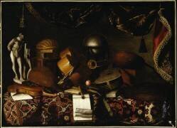 Still Life of Musical Instruments with a Globe & Statue arranged on a Table draped with a Carpet (Bartolomeo Bettera) - Muzeo.com