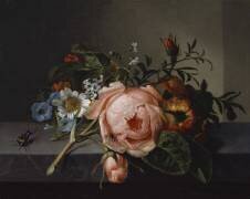 Still Life with Rose Branch, Beetle and Bee (Rachel Ruysch) - Muzeo.com