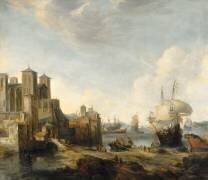 Vue imaginaire d'un port méridional avec le chevet de la cathédrale de Lyon (Jan Abrahamsz Beerstraten) - Muzeo.com
