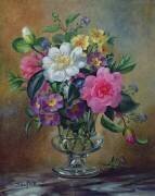 Forget-me-nots and primulas in glass vase (Albert Williams) - Muzeo.com
