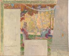 Dame assise dans un parc contemplant un buste ; l'automne, esquisse (Etienne Prosper...) - Muzeo.com