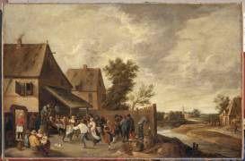 Fête de village avec joueur de cornemuse sur un tonneau (Thomas van Apshoven) - Muzeo.com