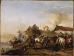 Halte de militaires faisant boire leurs chevaux (Philips Wouwerman) - Muzeo.com