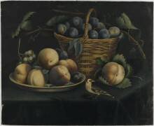 Nature morte avec prunes, pêches et un chardonneret (Alexandre-Isidore Leroy de...) - Muzeo.com