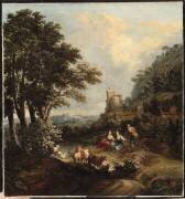 Paysage avec bergers, bergères et château dans le goût romain. (Pierre-Salomon Domenchin de...) - Muzeo.com