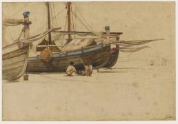 Porto d'Anzio, deux pêcheurs surveillant une marmite devant trois barques échouées (Ernest Hébert) - Muzeo.com