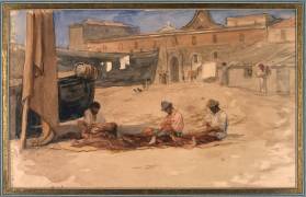 Porto d'Anzio, pêcheurs raccommodant leurs filets (Ernest Hébert) - Muzeo.com