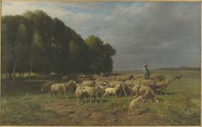 Troupeau de moutons dans un paysage dit aussi Berger conduisant un troupeau de moutons en plaine (Charles Jacque) - Muzeo.com