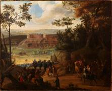 Vue du château de Versailles en 1668 avec Louis XIV et une compagnie de Mousquetaires (Adam Frans van der Meulen) - Muzeo.com