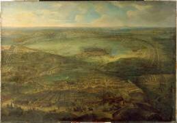 Vue panoramique des travaux du siège de Mons par Louis XIV en avril 1691 (Jean-Baptiste Martin l'Ancien) - Muzeo.com