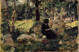 Femme assise lisant dans une clairière dans la montagne (Enrique Mélida) - Muzeo.com