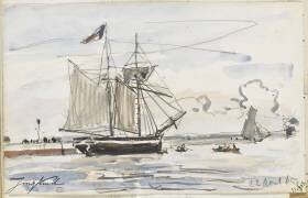 Navire à voiles près du rivage et barques (Johan Barthold Jongkind) - Muzeo.com