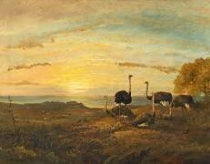 Ostriches in a Coastal Landscape at Sunset (Charles Rolando) - Muzeo.com