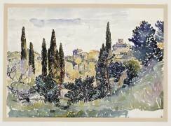 Paysage italien avec des cyprès des maisons sur une hauteur et un palais (Henri-Edmond Cross) - Muzeo.com
