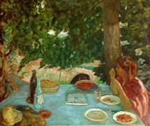 The cherry pie Young woman sitting has a table in a garden (Pierre Bonnard) - Muzeo.com