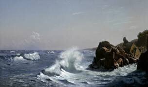 Vagues se brisant sur une côte rocheuse (Johannes Hermanus Brandt) - Muzeo.com